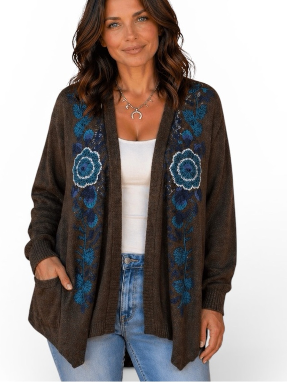 Johnny Was Rosa Draped Cardigan Embroidered Open Waterfall Sweater/tunic NWT